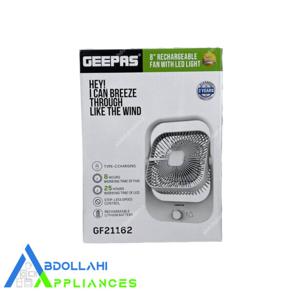 پنکه شارژی رومیزی همراه LED جی پاس (GEEPAS) مدل 21162