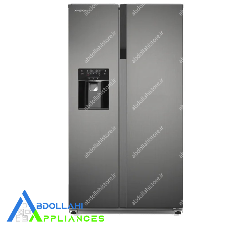 یخچال فریزر ساید بای ساید ایکس ویژن مدل HS600 ظرفیت ۲۸ فوت اتوماتیک رنگ نقره ایی
