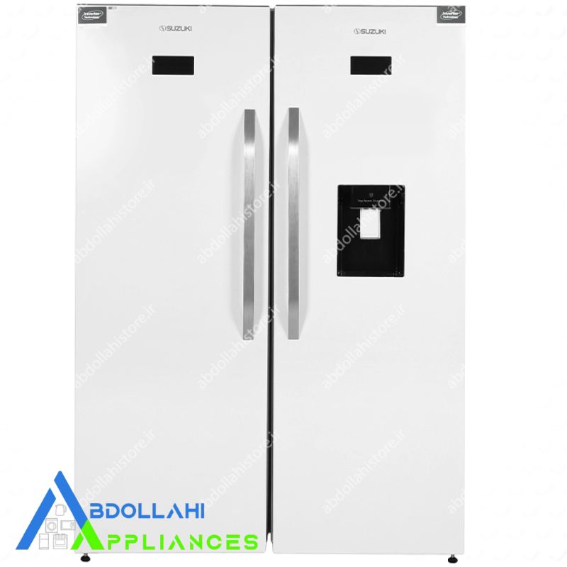 یخچال و فریزر دوقلو سوزوکی مدل ROA373EWIR-FOA330EWIR/I سفید نمای کامل یخچال فریزر دوقلو سوزوکی ۷۰۳ لیتری رنگ سفید آبسردکن یخچال دوقلو سوزوکی مدل ROA373EWIR سفید کشوهای فریزر سوزوکی مدل FOA330EWIR/I سفید نمایشگر دیجیتال یخچال فریزر دوقلو سوزوکی اینورتر فضای داخلی یخچال سوزوکی ROA373EWIR با طبقات شیشه‌ای